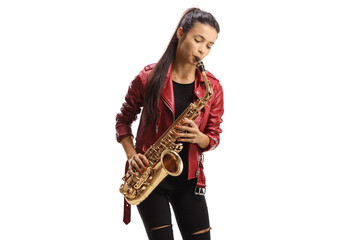 Beautiful young woman playing a saxophone - obrazy, fototapety, plakaty