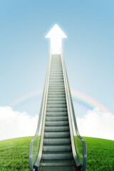 A stairway on top of a green field leads to an arrow-shaped door in the sky.