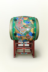 A traditional drum with traditional Korean dragon patterns.