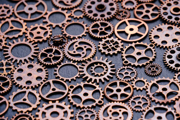 Background with metal, various, copper gears.