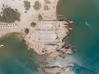 Aerial view of ancient ruin at the coast of Mediterranean Sea, Kos island, Greece.