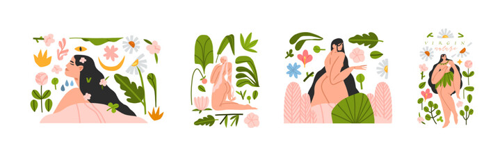 Hand drawn vector abstract modern graphic,clipart illustration of young female character in tropical nature with abstract shapes,leaves,flowers.Modern woman mental health design concept.Female beauty.