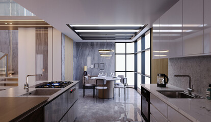 3d rendering,3d illustration, Interior Scene and  Mockup,kitchen and dining room interior 3d rendering,modern style,decorated with wood and stone materials.