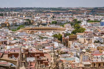 Architecture of the downtown of Seville with the Real Maestranza bullring in aerial view, SPAIN