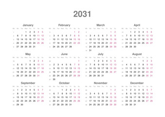 Kalender 2031, englisch, Querformat