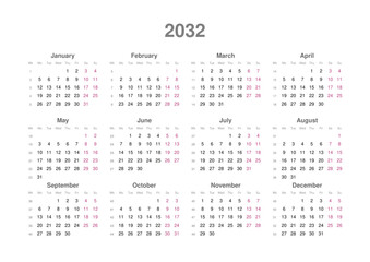 Kalender 2032, englisch, Querformat