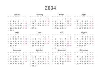 Kalender 2034, englisch, Querformat