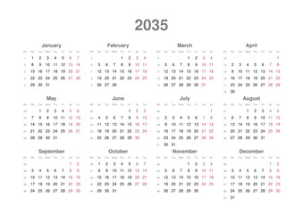 Kalender 2035, englisch, Querformat