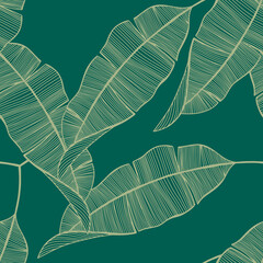 Seamless tropical pattern with banana leaves. Retro linear background with green plants. Line art. Vector illustration