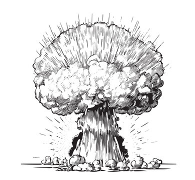 Nuclear explosion disaster hand drawn sketch Vector illustration 