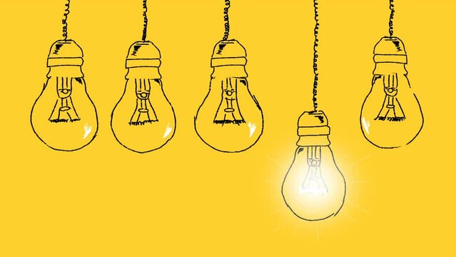 Set of light bulbs hand drawn on a yellow background. Concept of unique thinking. Idea concept.