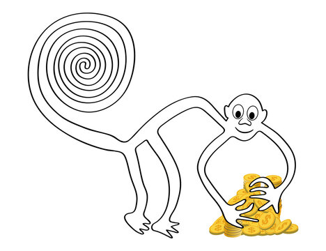 Monkey with a pile of golden coins - a paraphrase of the famous geoglyph The Monkey from Nazca