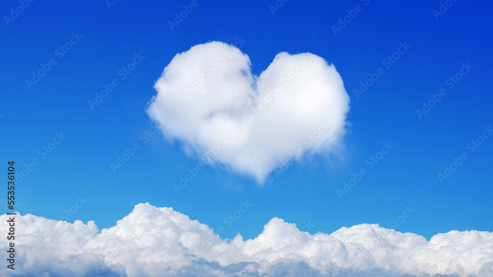 Poster clouds on blue sky with heart shaped cloud. horizontal frame