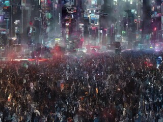 Fototapeta premium protest people in cyberpunk city