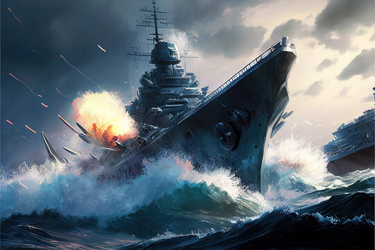 a battleship illustration of fight scene on high waters, concept art, generative ai technology