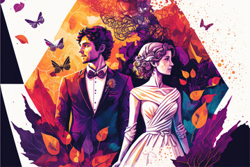Obraz na płótnie Canvas groom and bride, modern poster art illustration, generative ai technology