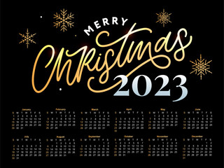 2023 Calendar year vector illustration. The week starts on Sunday. Christmas snowflakes calendar 2023 template. Calendar design Sunday in red colors. Vector