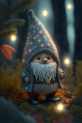 cute christmas gnome in fairytale winter forest with lanterns and lights