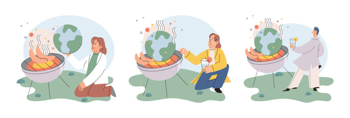 Fototapeta premium Global warming. High temperature and hot weather Earth. Climate change concept. Hot melt planet earth. Global warming heating impact. Tiny people. Raising global temperature. People energy use planet