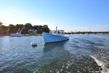 Boat tied in the harbour on the Piscataqua River, Portsmouth, New Hampshire