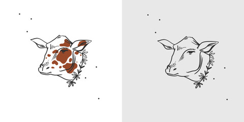 Hand drawn abstract vector graphic clipart illustration boho bull and cow with horns logo element.Western design concept. Doodle wild west contemporary art.Cowboy girl modern drawing. Cow farm design.