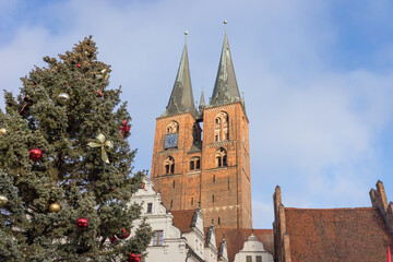 Church of St. Mary and town hall in Stendal with Christmas tree