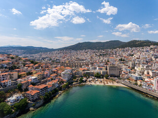 Obraz premium Aerial view of the city of Kavala, Greece. Ottoman aqueduct in the city centre.