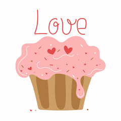 Cake and hearts in a doodle style. Sweet cream cake . Valentines Day, wedding, decor.  Design for cards. Vector illustration. Isolated background.	