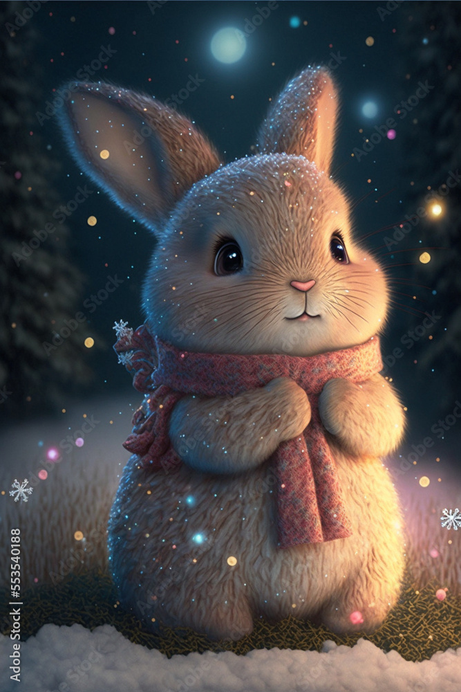 Wall mural cute little rabbit celebrates christmas and new year in winter forest - Wall murals