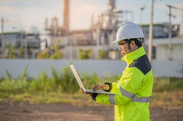 Obraz premium Asian man petrochemical engineer working at oil and gas refinery plant industry factory,The people worker man engineer work control at power plant energy industry manufacturing