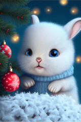 cute little rabbit celebrates christmas and new year in winter forest