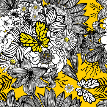 Yellow black and white flowers seamless background graphic. Vector illustration. Hand drawn fabric, gift wrap, wall art design.