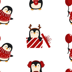 Seamless pattern with cute Christmas penguins.