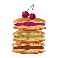 Dorayaki pancakes with different fillings and cherries on a white background. Asian food. Vector illustration for restaurants, menus, decor