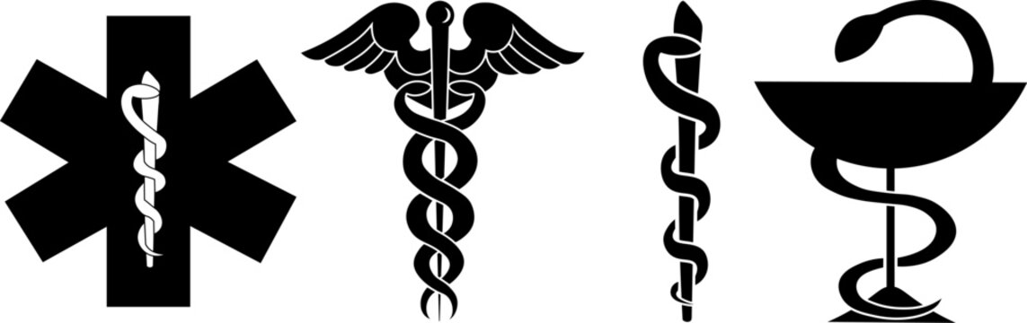 Medical symbol icons set. Star of Life with cross, caduceus, Rod of Asclepius and pharmacy symbol Bowl of Hygieia. Isolated on white background. Logo sign concept. Medicine. Vector illustration.