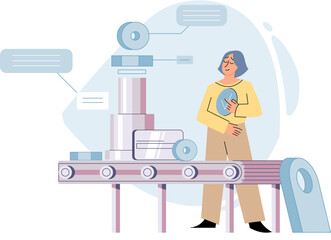 Manufacturing process at automated production industry. Man watching industrial conveyor with robot work. Technical and science innovation. Smart manufacture, automation, development concept