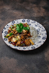 Stir-fried crispy pork with rice on dark background.