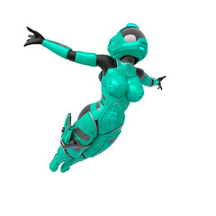 coolest astronaut girl is jumping in action with arms wide open in white background