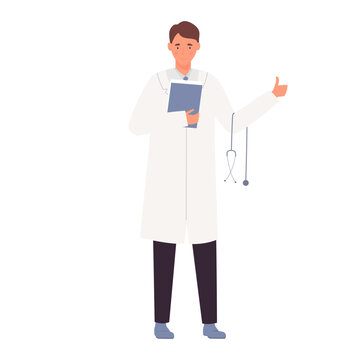 Male doctor shows thumb up. Medical approvement gesture, hospital worker vector illustration
