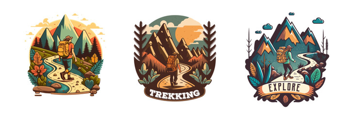 Logo Collection of vintage mountain explorer, hiking, trekking adventure - obrazy, fototapety, plakaty