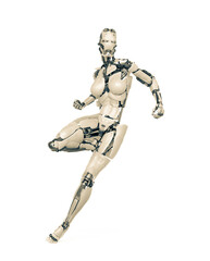 cyborg girl is doing a combat pose on white background