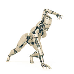 cyborg girl is doing a panther pose on white background