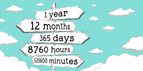 1 year, 12 months, 365 days, 8760 hours, 525600 minutes - outline signpost with five arrows