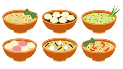 Set of bowl of soup - with Mushroom, Sweet rice ball, Onion, Shrimps,  Miso Soup. Vector illustration.
