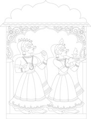 Hindi Marathi Calligraphy “ Shubh Vivah” means Happy Wedding. It’s a wedding Card design for Indians Hindus with a wedding procession lord Ganesha and the bride and groom's families.