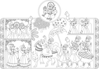 Hindi Marathi Calligraphy “ Shubh Vivah” means Happy Wedding. It’s a wedding Card design for Indians Hindus with a wedding procession lord Ganesha and the bride and groom's families.