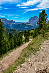 Obraz premium Wanderung in den Dolomiten mit Panorama, Wanderweg und Aussicht auf dem Col Raiser mit Blick auf die Berge in den Dolomiten, in Santa Cristina, Valgardena, Bozen, Südtirol Italien 
