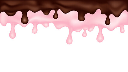 Dripping glaze background. Chocolate and strawberry liquid sweet flow. Vector illustration.