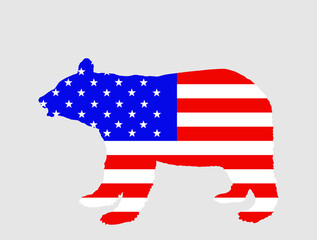 United States of America flag over bear vector silhouette illustration isolated on white. Grizzly Patriot. Power and pride USA flag banner freedom. Wild powerful animal, strong economy national symbol