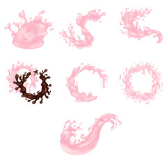 Realistic set of Strawberry milk or fruit yogurt splash.